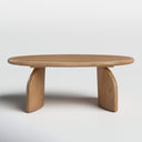 Quinton oval natural wood coffee table straight-on side view showing curved panel legs