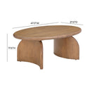 Quinton oval natural wood coffee table dimensions diagram showing height, width, and depth measurements