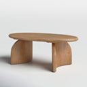 Quinton oval natural wood coffee table three-quarter studio view showcasing curved panel slab legs