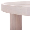 Close up angle view of Dennis coffee table showing white wash raised tray top rim and cylinder leg