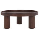 Dennis round dark brown wood tray top coffee table three-quarter studio view showcasing chunky cylinder legs
