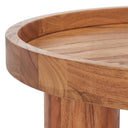 Close up angle view of Dennis coffee table showing raised tray top rim and natural wood base