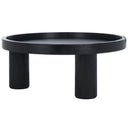 Dennis round black wood tray top coffee table three-quarter studio view showcasing chunky cylinder legs