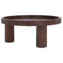 Dennis round dark brown wood tray top coffee table alternative three-quarter studio view
