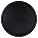 Top down view of Dennis round coffee table showing black wood grain tray top surface
