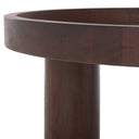 Close up angle view of Dennis coffee table showing dark brown raised tray top rim and cylinder leg