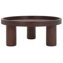 Dennis round dark brown wood tray top coffee table straight-on side view showing three cylinder legs