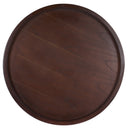 Top down view of Dennis round coffee table showing dark brown wood grain tray top surface