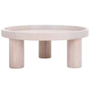 Dennis round white wash wood tray top coffee table straight-on side view showing three cylinder legs