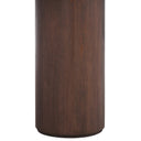 Close up view of Dennis coffee table chunky dark brown cylinder leg showing wood grain texture