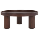 Dennis round dark brown wood tray top coffee table low-angle studio view