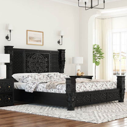 Dorian Rustic Solid Wood Designer Platform Bed With Headboard