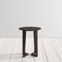 Gideon dark brown wood round end table straight front room view on light floors
