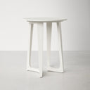 Gideon white round end table with curved tripod legs three-quarter studio view