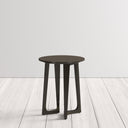Gideon dark brown wood round end table styled on light oak wood floors