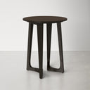 Gideon dark brown wood round end table with curved tripod legs three-quarter studio view