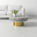 Miller round bone inlay coffee table with geometric optical illusion pattern and gold pedestal base