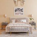 Reign bone inlay tables styled as nightstands in a modern cream velvet bedroom suite