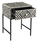 Reign bone inlay 1 drawer side table three-quarter studio view showing open drawer