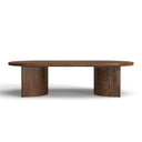 Louie oval walnut wood coffee table straight-on side view showing curved panel legs