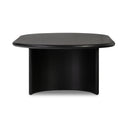 Louie oval black wood coffee table narrow short end profile view showing curved panel leg depth