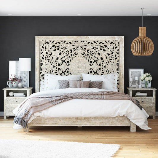 Hand-carved Platform Bed With Moroccan Style Headboard Furniture BoutiQ