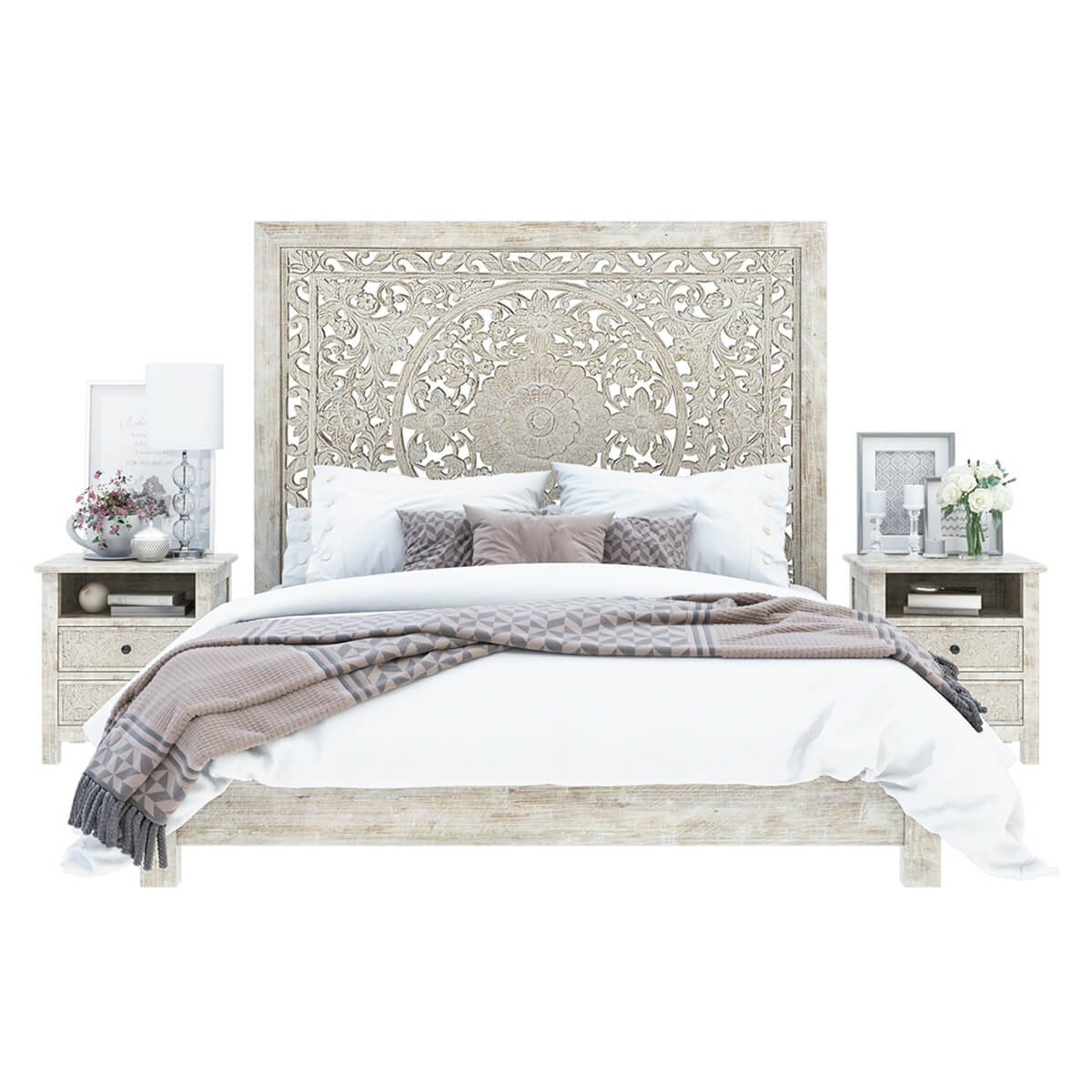 Hand-carved Platform Bed With Moroccan Style Headboard Furniture BoutiQ