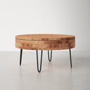 Keith round natural wood storage coffee table alternative three-quarter studio view
