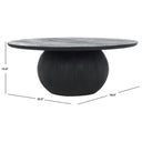Nixon round black wood coffee table dimensions diagram showing height, width, and depth measurements