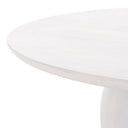 Close up angle view of Nixon coffee table showing tapered tabletop edge and white wash wood pedestal base