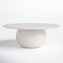 Nixon round white wash wood coffee table three-quarter studio view showcasing spherical ball pedestal base