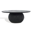 Nixon round black charcoal wood coffee table three-quarter studio view showcasing spherical ball pedestal base