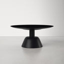 Boston round black wood coffee table straight side profile view showcasing sculpted dome base