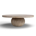 Chaim round light wood coffee table straight side view showcasing prominent spherical pedestal base