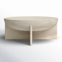 Neil round solid wood bowl coffee table straight front view showing intersecting base panels