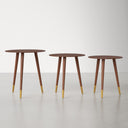 Three Kayson Solid Wood End Tables displayed side by side, showcasing their round wood tabletops and angled legs with brass-finished tips.