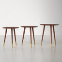 Kayson Solid Wood End Table trio shown in different heights, highlighting the natural wood construction and tapered tripod-style legs.