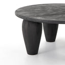 Close up angle view of Alberto coffee table showing rounded tabletop edge and charcoal black wood grain legs
