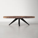 Lane oval wood coffee table straight side studio view showing black splayed legs