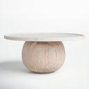 Cason round coffee table straight side view showcasing white marble tray top and spherical wood base