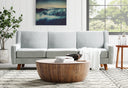 Martin solid wood round end table and pedestal drum coffee table styled in a living room