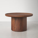 Paxton round dark walnut wood pedestal coffee table alternative side view showing continuous panel grain