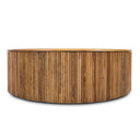 Sincere round wood drum coffee table alternative low angle studio view