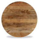 Top down view of Sincere round coffee table showing warm brown mango wood grain tabletop surface