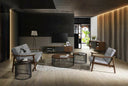 Morgan iron end and coffee tables styled in an expansive mid-century modern living room scene