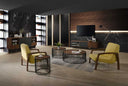 Morgan iron end and coffee tables styled with yellow accent chairs in a modern living room
