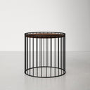 Morgan dark brown wood top round end table with black iron cage base straight front studio view