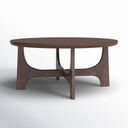 Skyler round walnut brown wood coffee table alternative three-quarter studio view