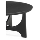 Close up view of Skyler coffee table showing rounded tabletop edge and charcoal black wood grain base