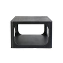 Kingsley black wood coffee table narrow end profile view showing open shelf depth